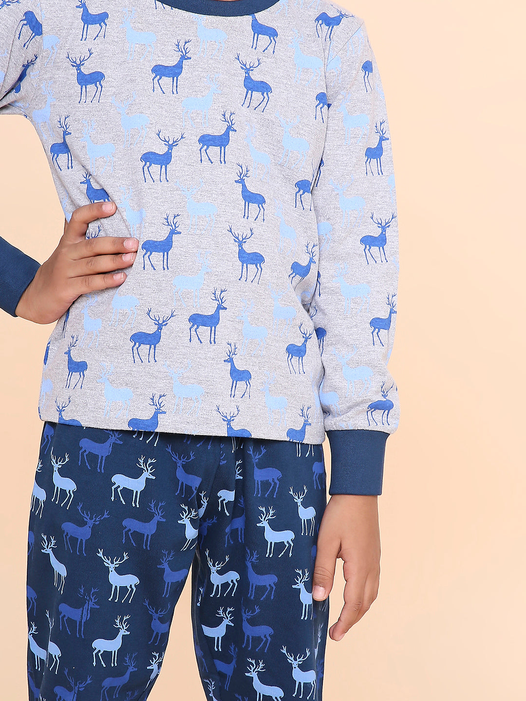REBORN Boys -Soft Single Jersery Deer Print Cotton Full Sleeve & PJ Sleepset - Grey Melange & Navy Blue