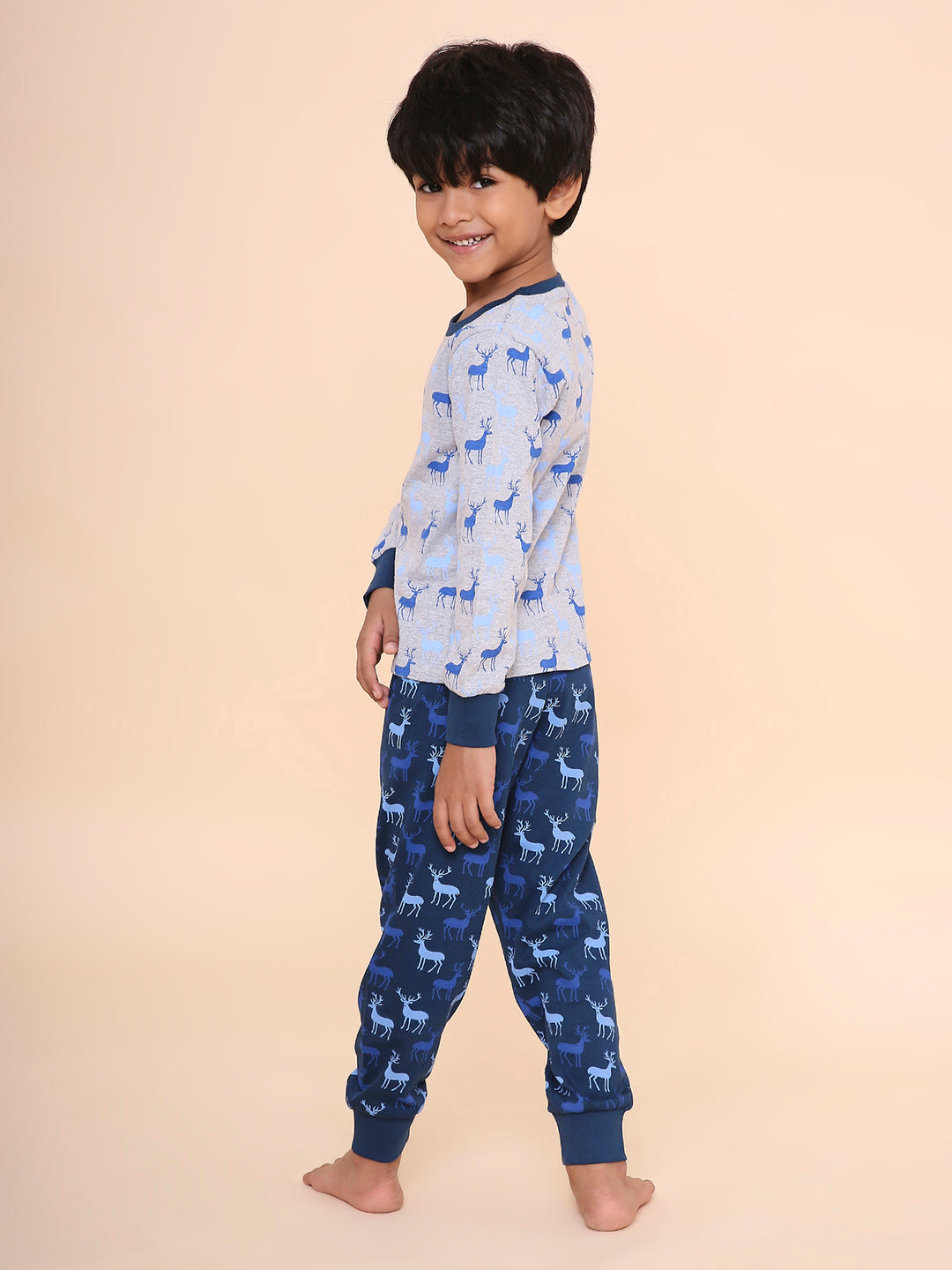 REBORN Boys -Soft Single Jersery Deer Print Cotton Full Sleeve & PJ Sleepset - Grey Melange & Navy Blue