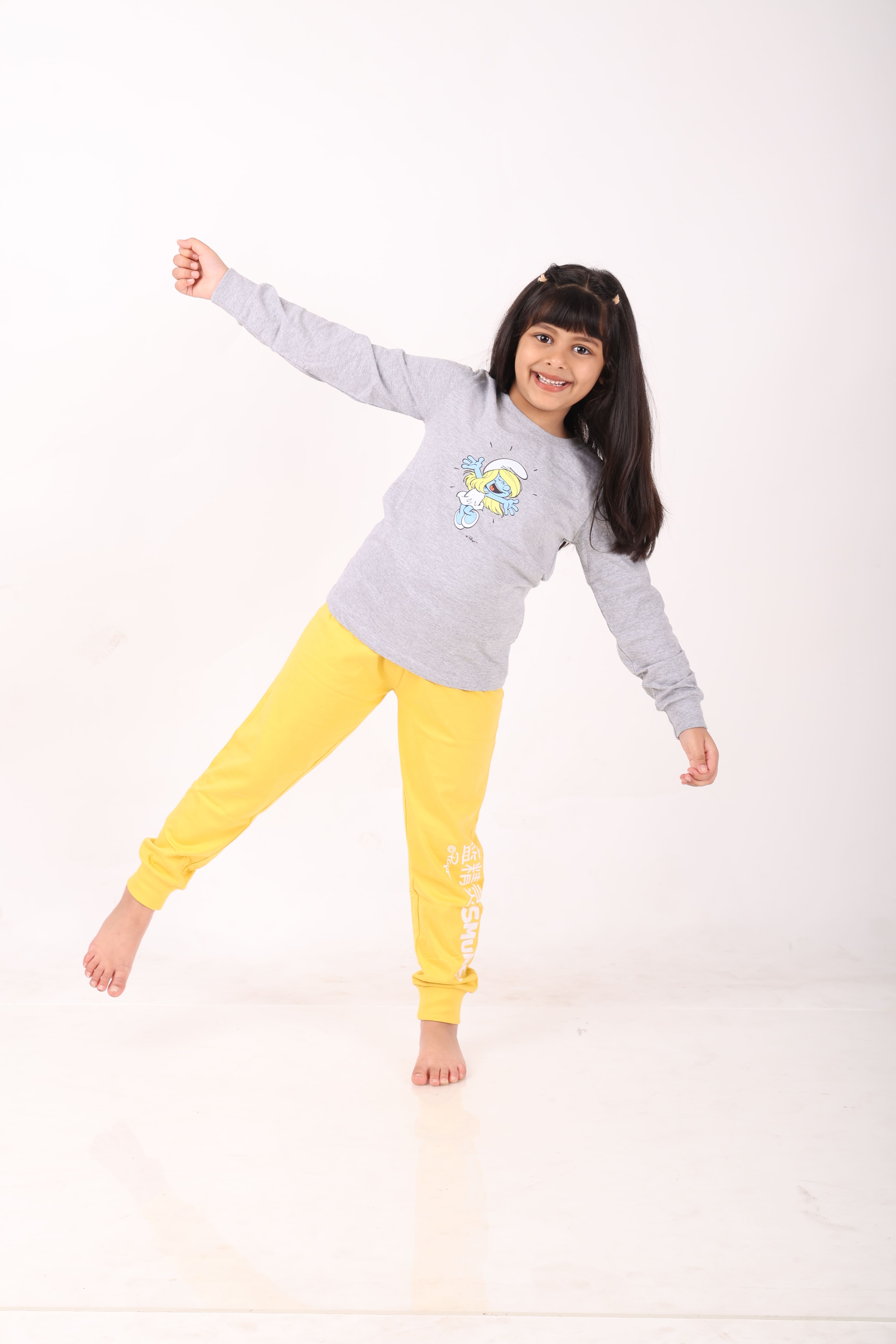 REBORN - Smurfs Collection- Girls 2 piece printed jogger lounge set- Grey Melange & Yellow