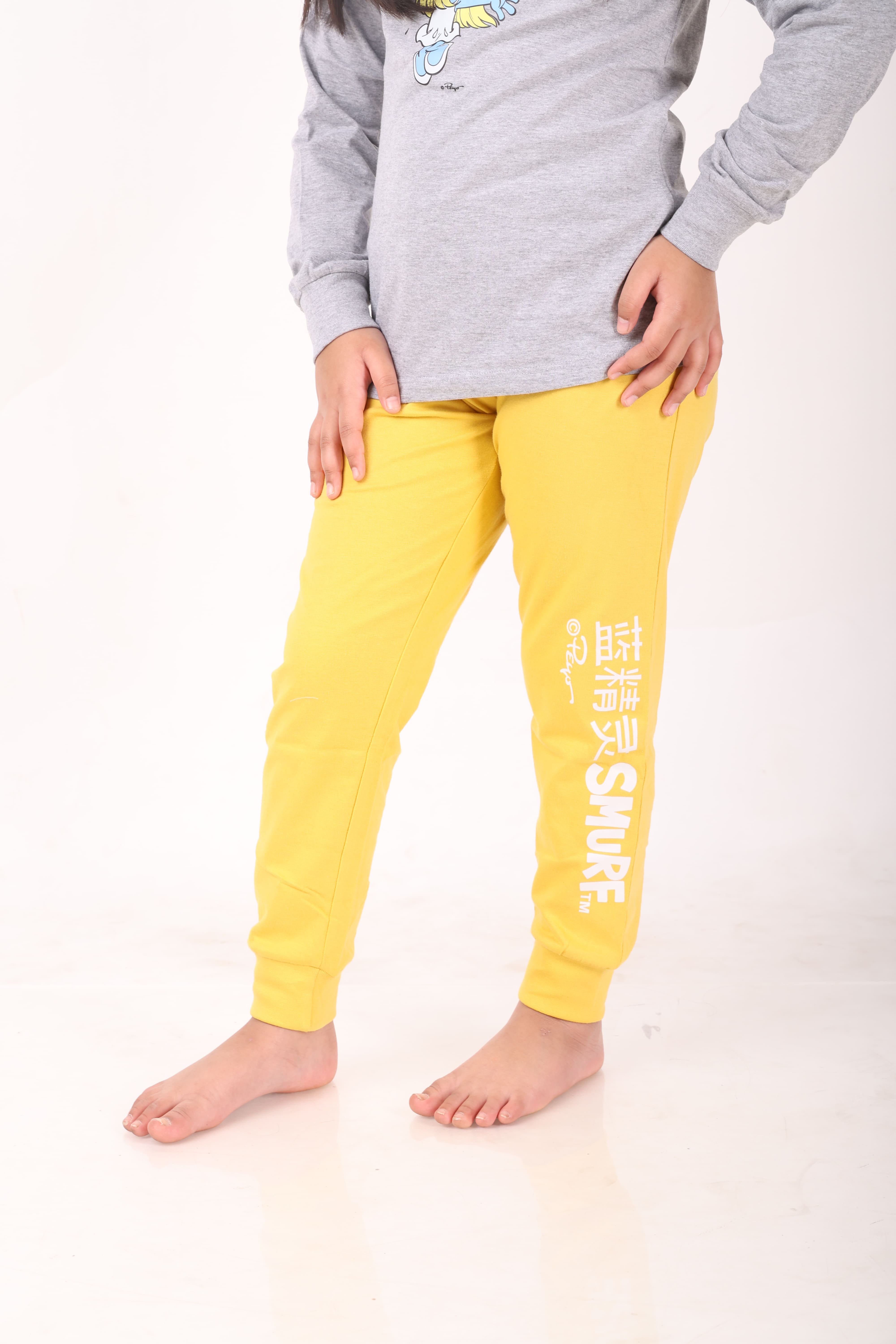 REBORN - Smurfs Collection- Girls 2 piece printed jogger lounge set- Grey Melange & Yellow