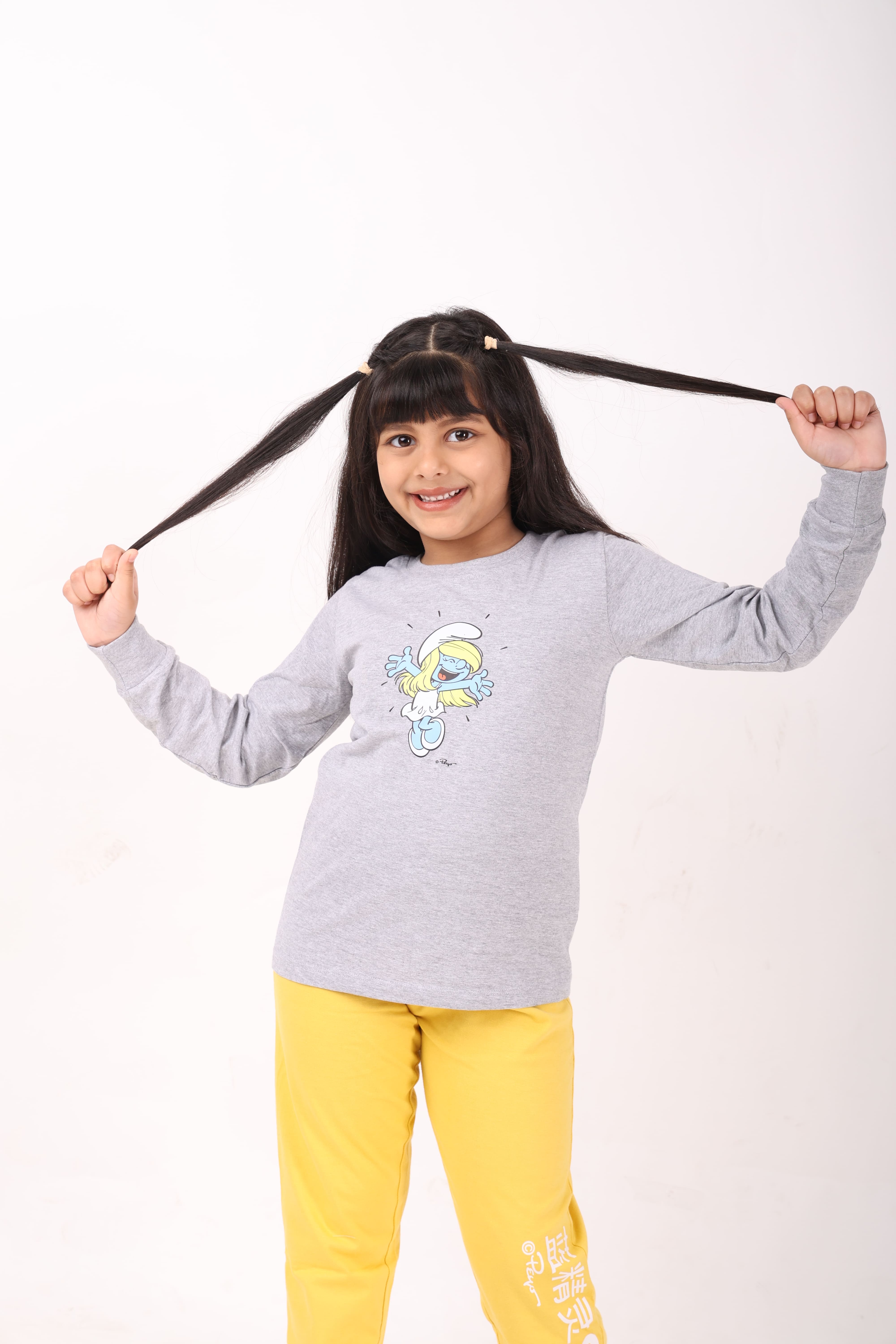 REBORN - Smurfs Collection- Girls 2 piece printed jogger lounge set- Grey Melange & Yellow