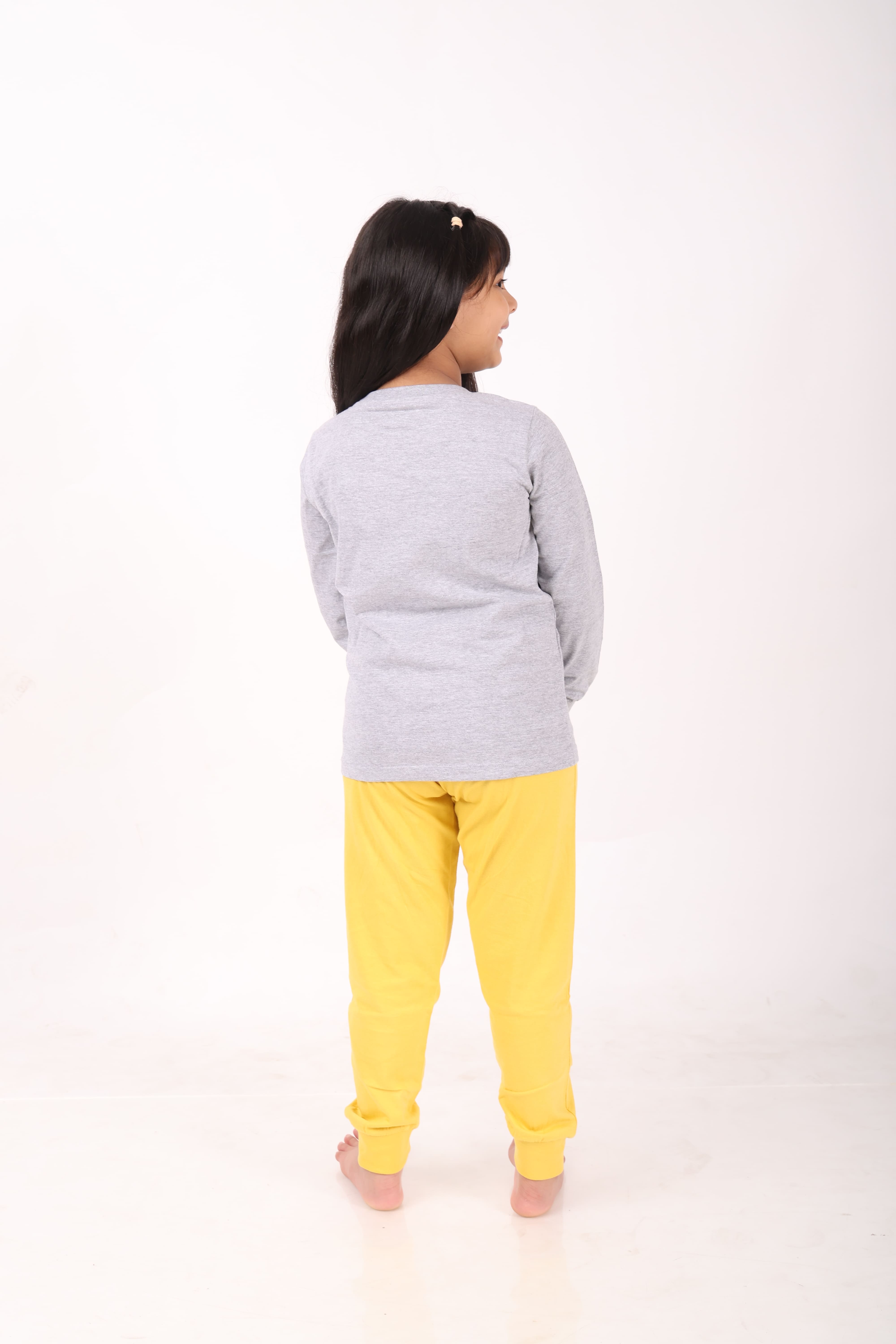 REBORN - Smurfs Collection- Girls 2 piece printed jogger lounge set- Grey Melange & Yellow