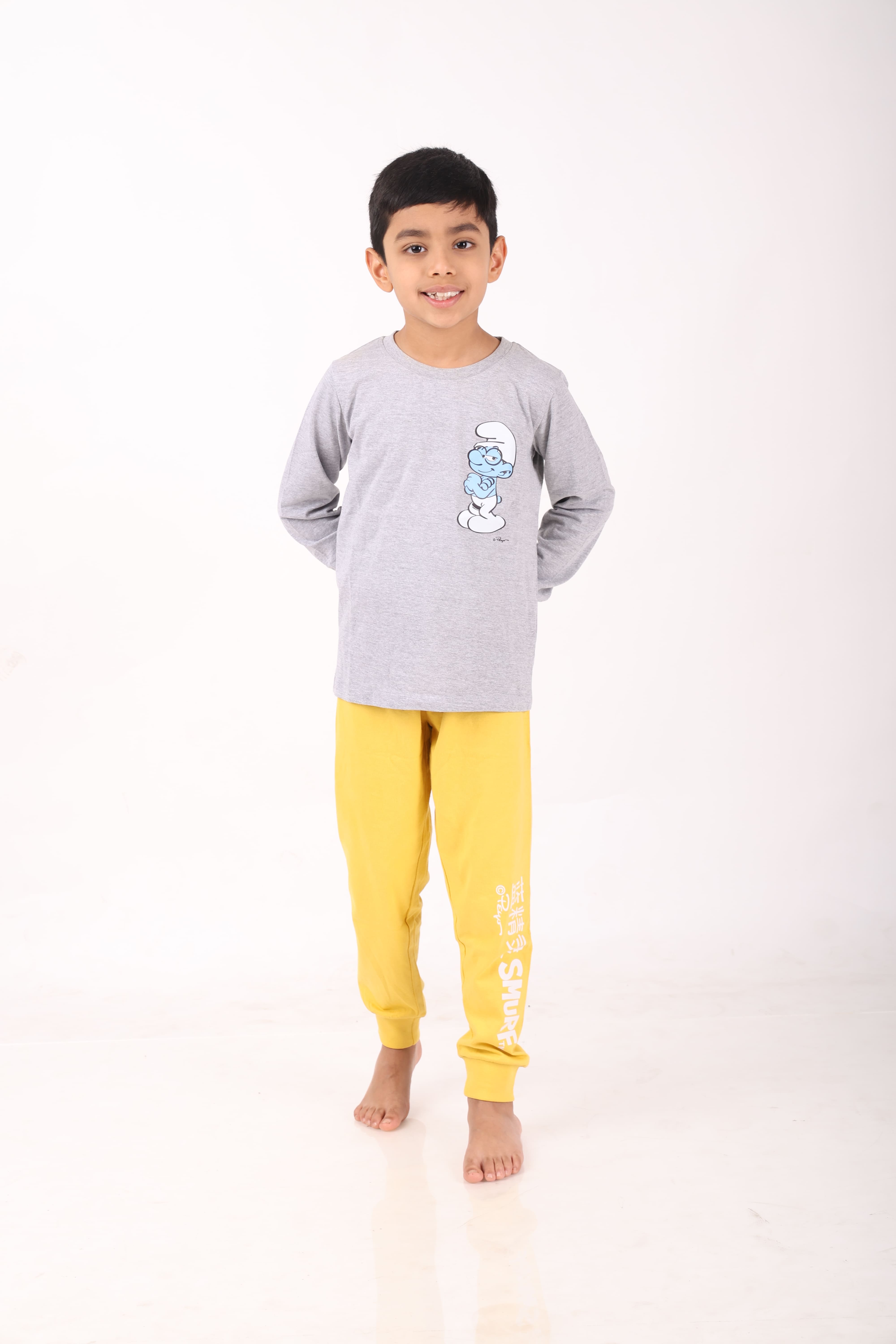 REBORN - Smurfs Collection-Boys 2 piece printed jogger lounge set- Grey Melange & Yellow