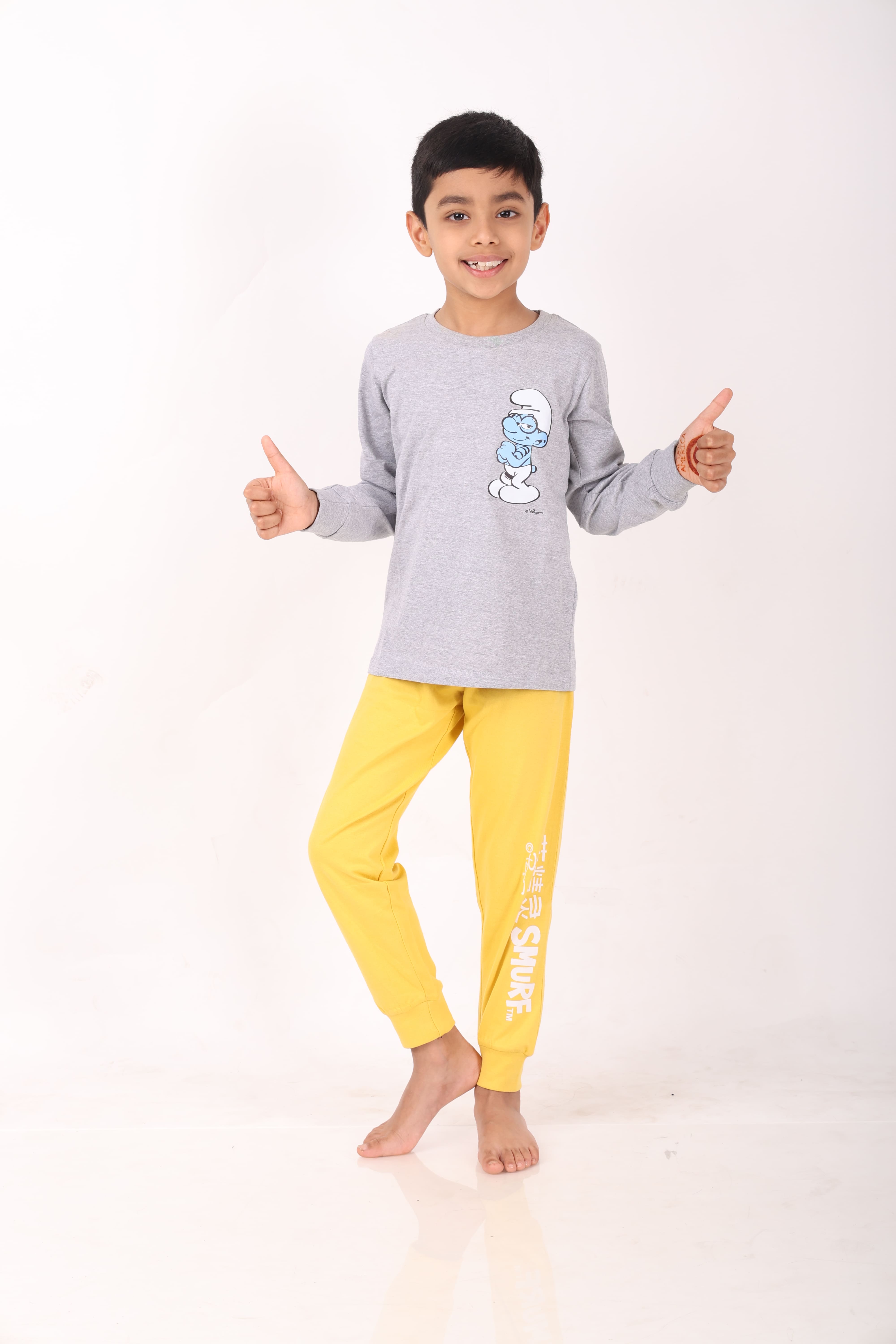 REBORN - Smurfs Collection-Boys 2 piece printed jogger lounge set- Grey Melange & Yellow