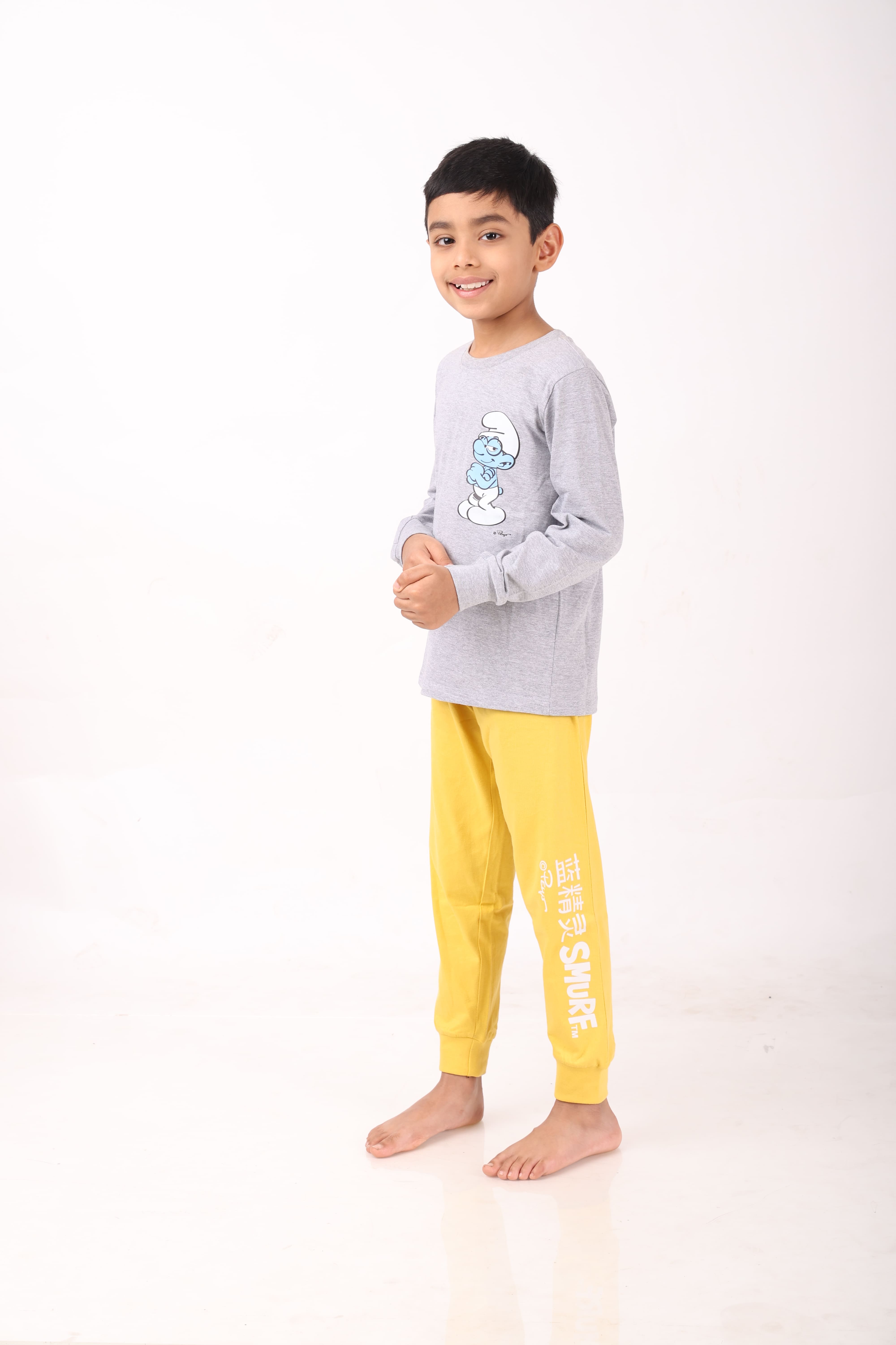 REBORN - Smurfs Collection-Boys 2 piece printed jogger lounge set- Grey Melange & Yellow
