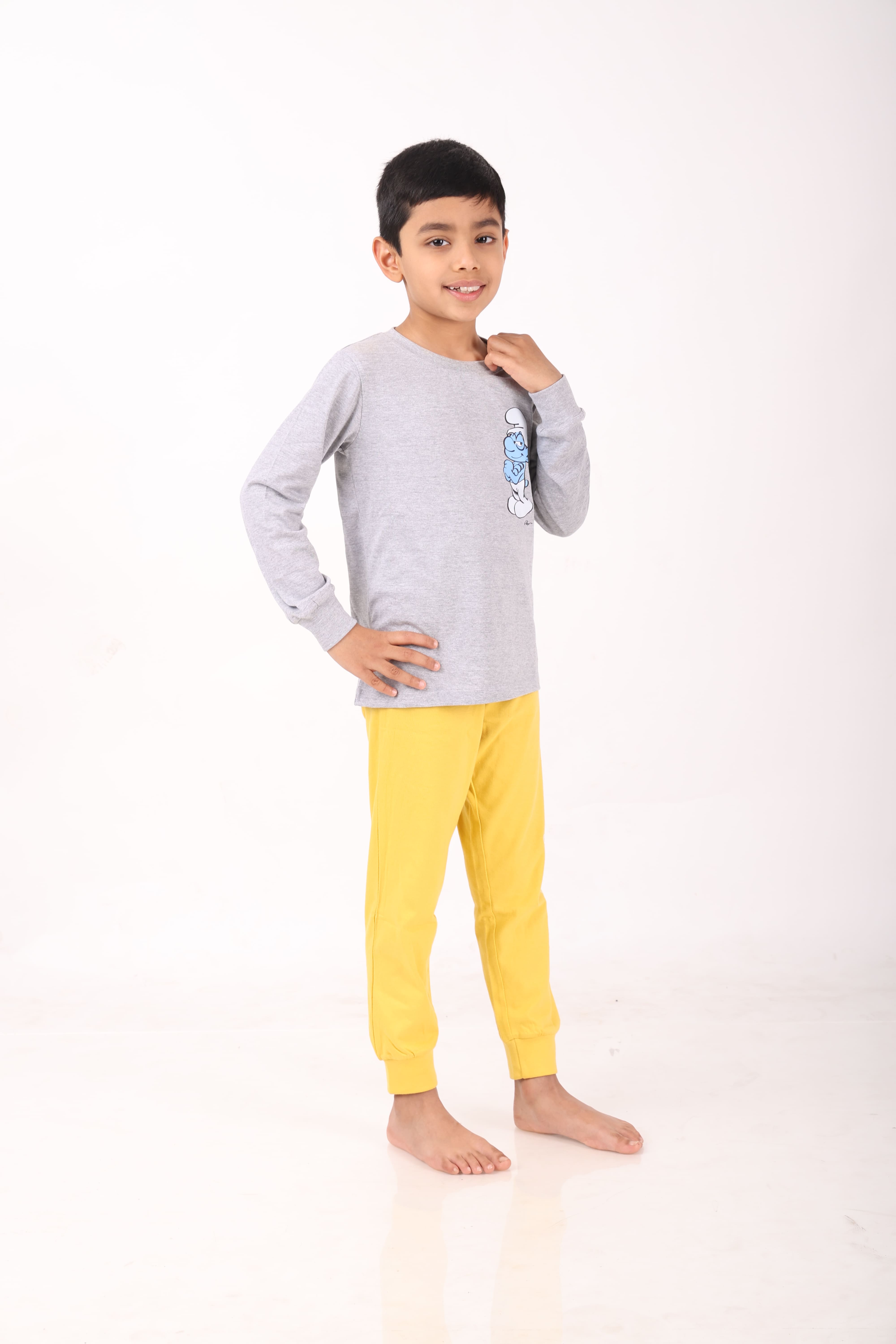 REBORN - Smurfs Collection-Boys 2 piece printed jogger lounge set- Grey Melange & Yellow