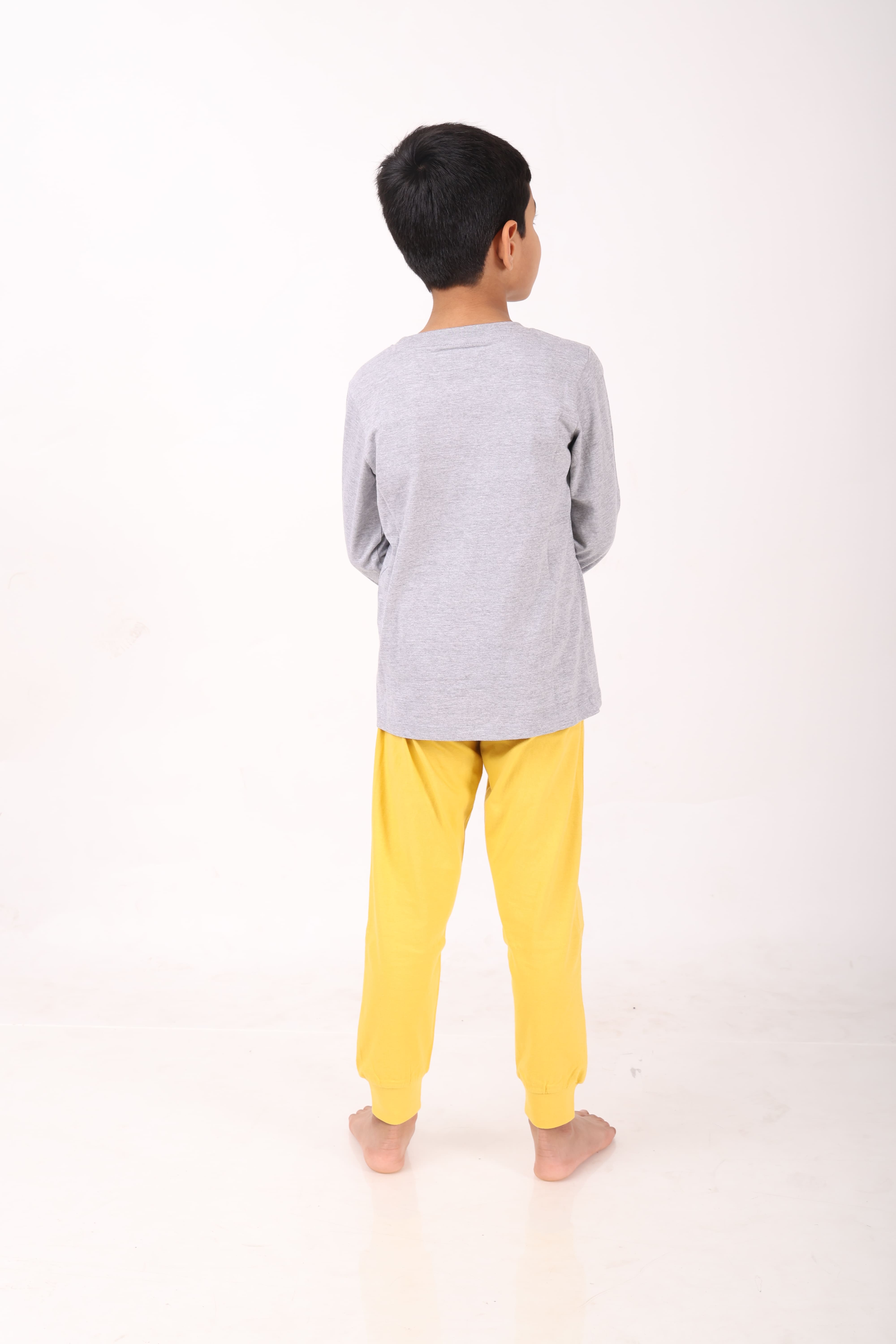 REBORN - Smurfs Collection-Boys 2 piece printed jogger lounge set- Grey Melange & Yellow