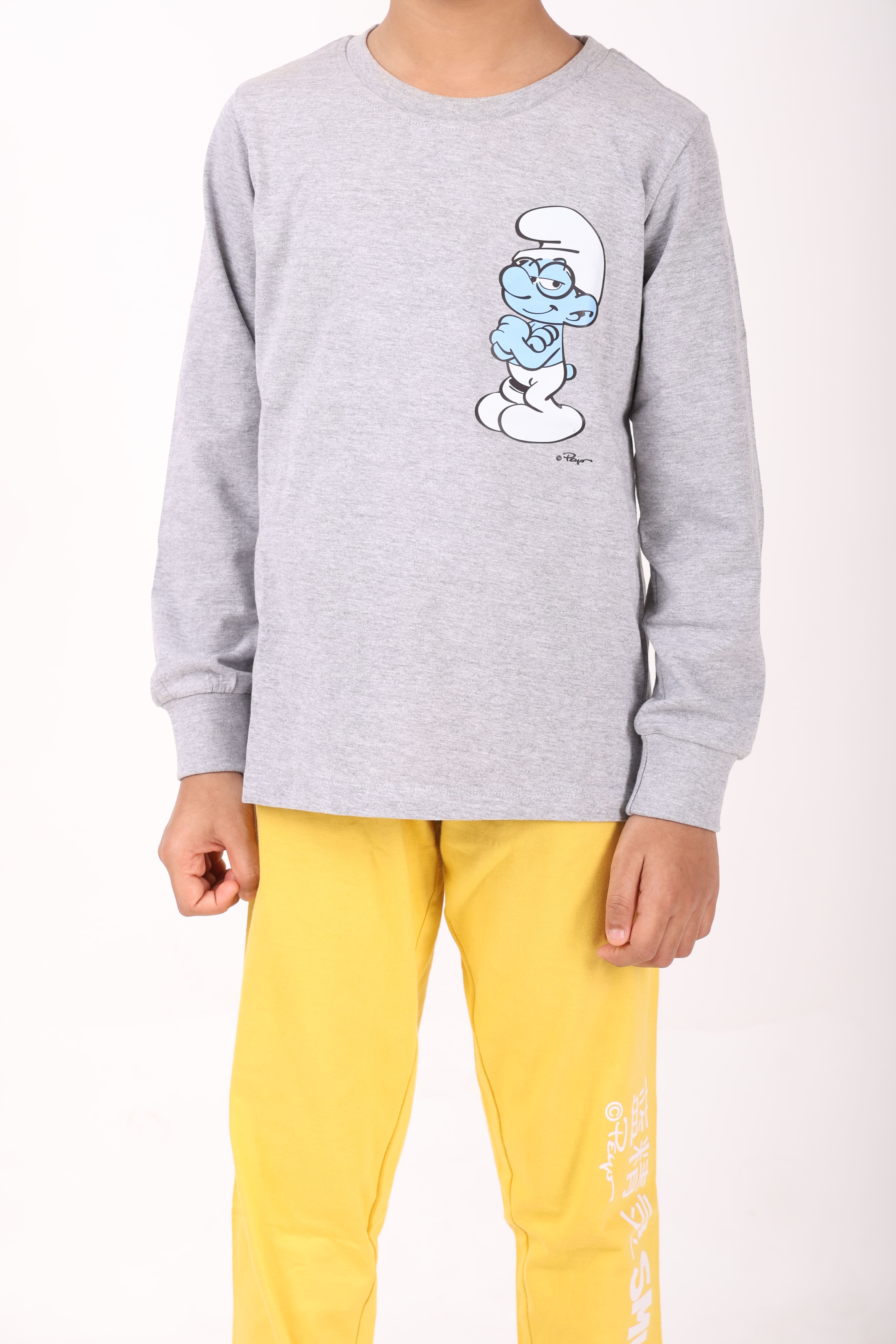 REBORN - Smurfs Collection-Boys 2 piece printed jogger lounge set- Grey Melange & Yellow