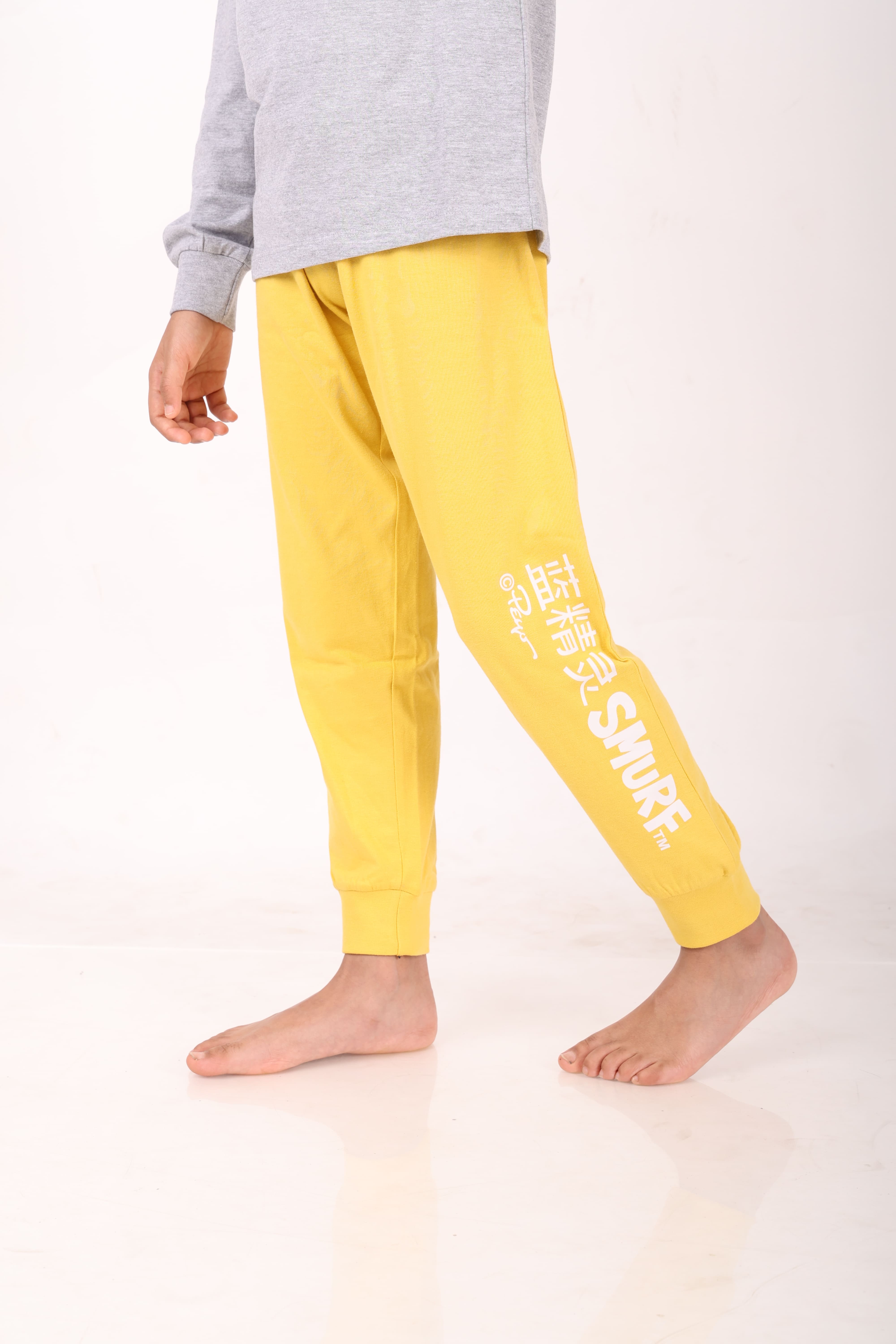 REBORN - Smurfs Collection-Boys 2 piece printed jogger lounge set- Grey Melange & Yellow