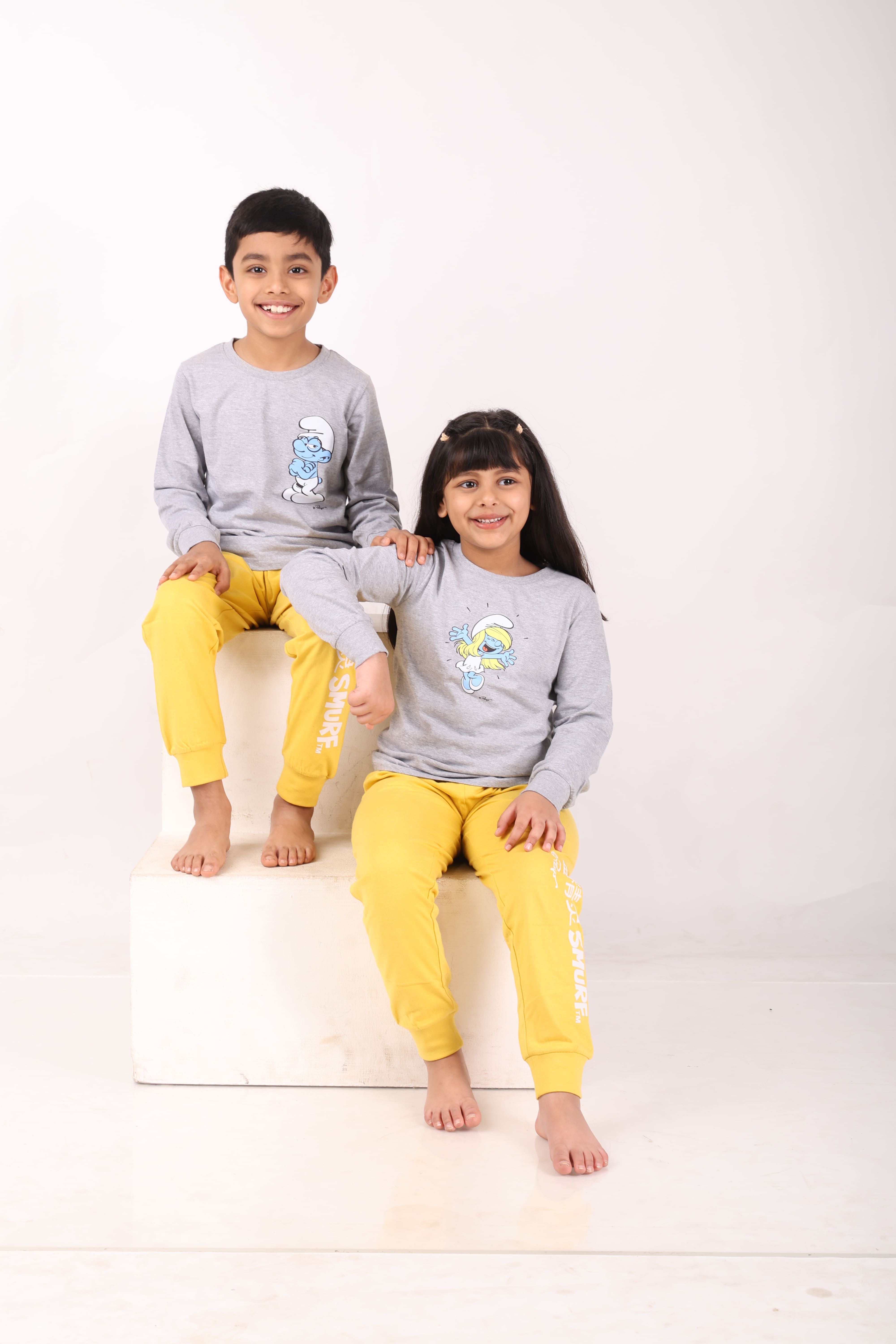 REBORN - Smurfs Collection- Girls 2 piece printed jogger lounge set- Grey Melange & Yellow