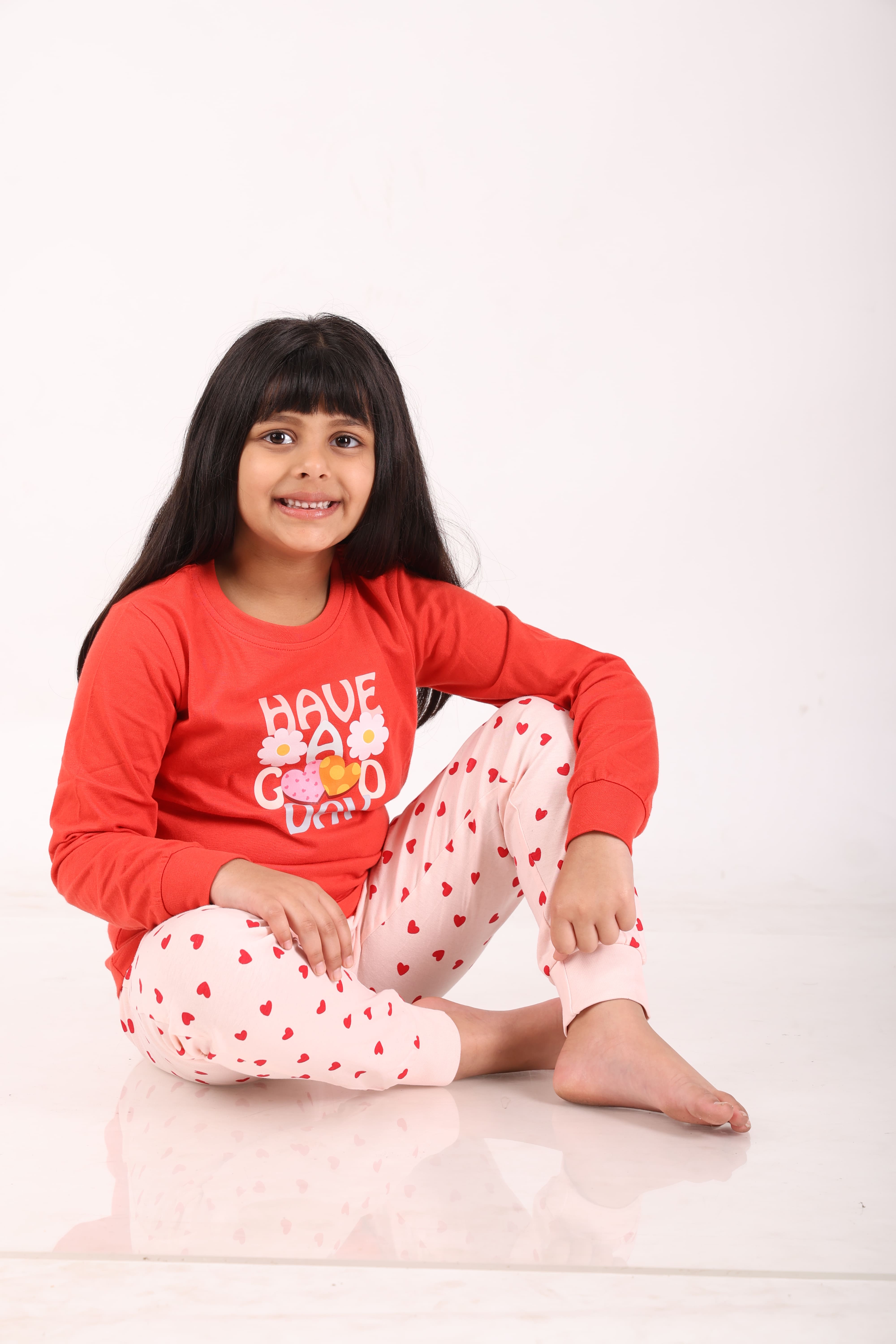 REBORN - Girls 2 piece printed jogger lounge set-Red & Baby Pink