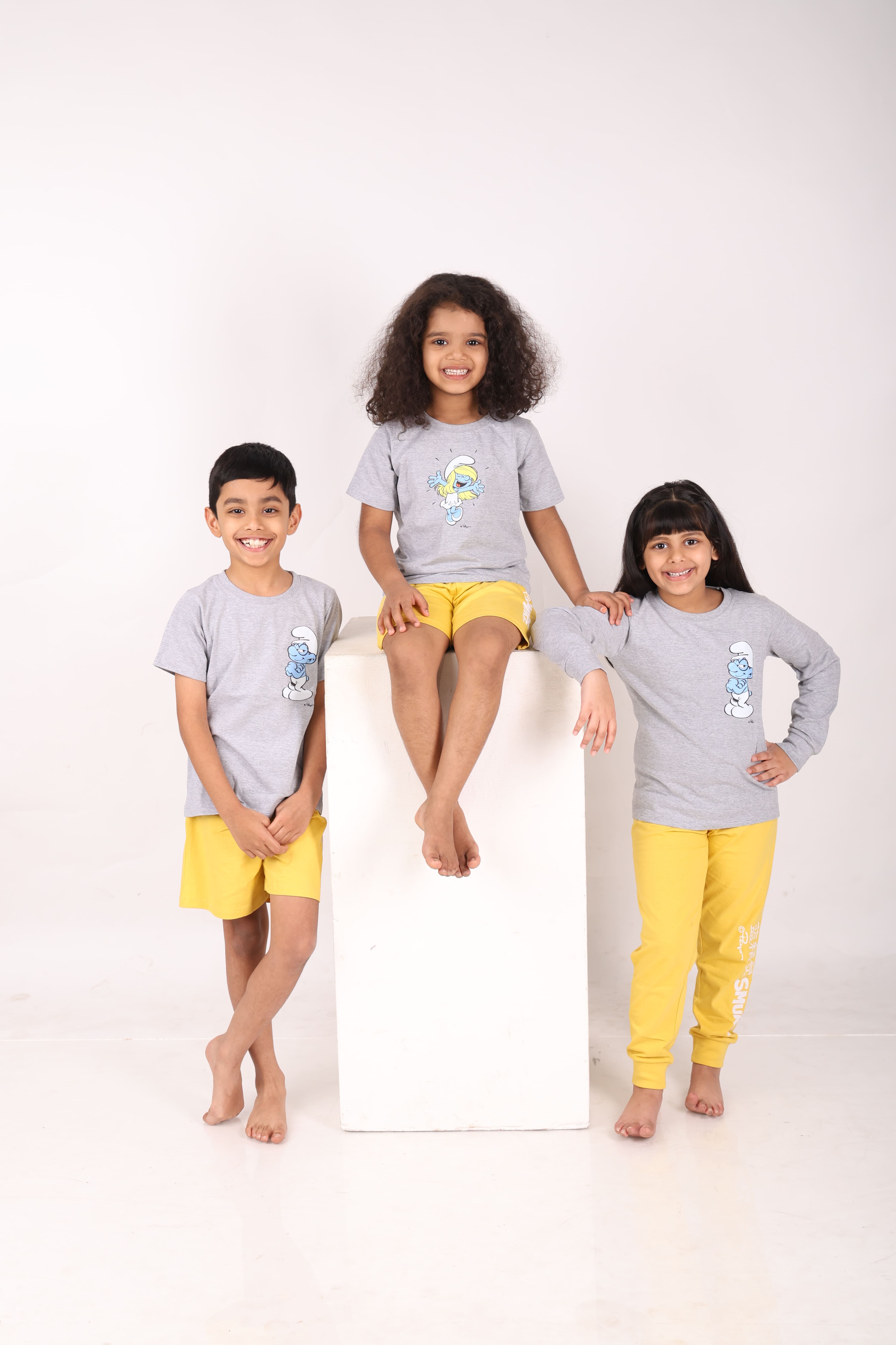 REBORN - Smurfs Collection- Girls 2 piece printed jogger lounge set- Grey Melange & Yellow