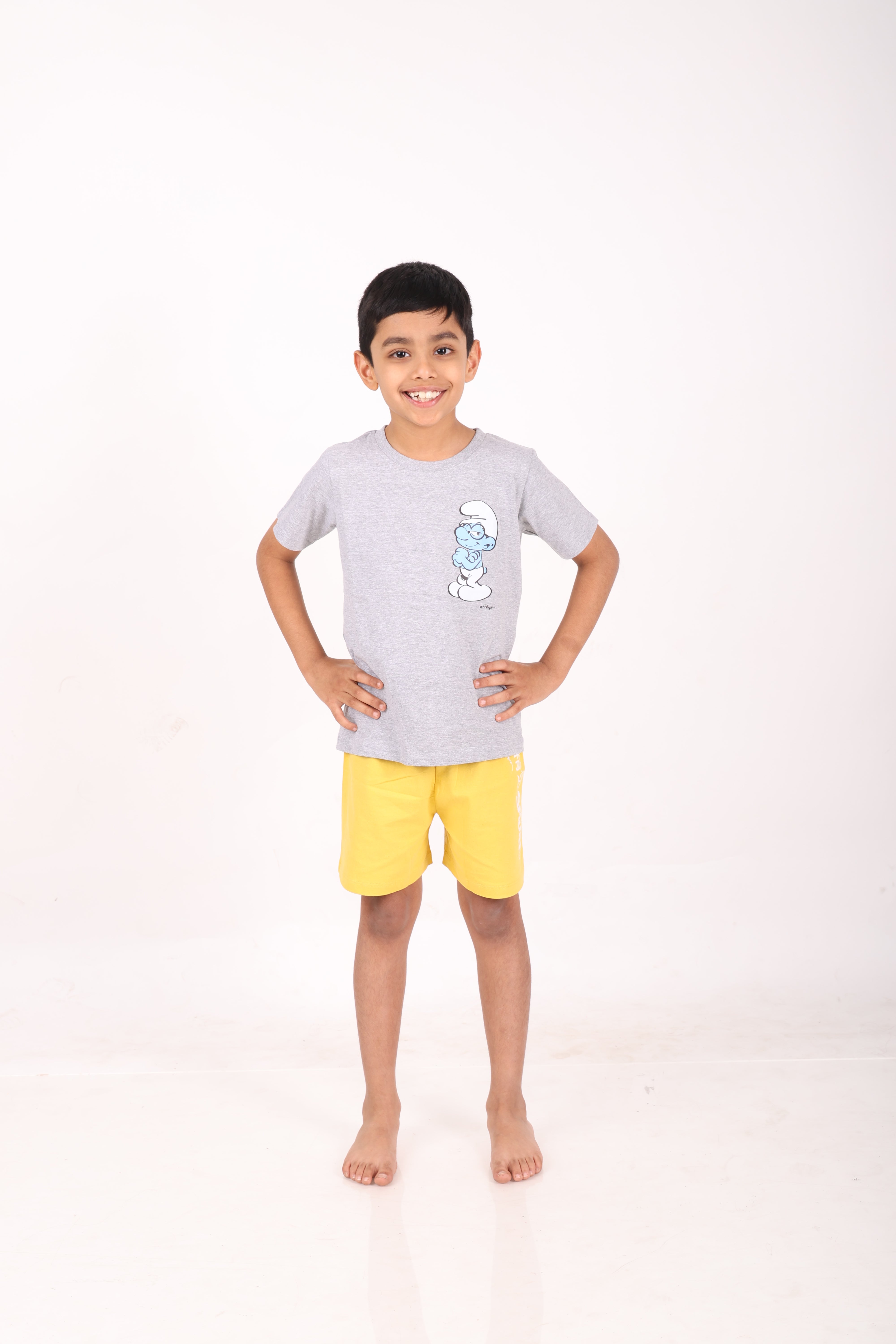 REBORN - Smurfs Collection-Boys 2 piece T-Shirt & Short -set- Grey Melange & Yellow