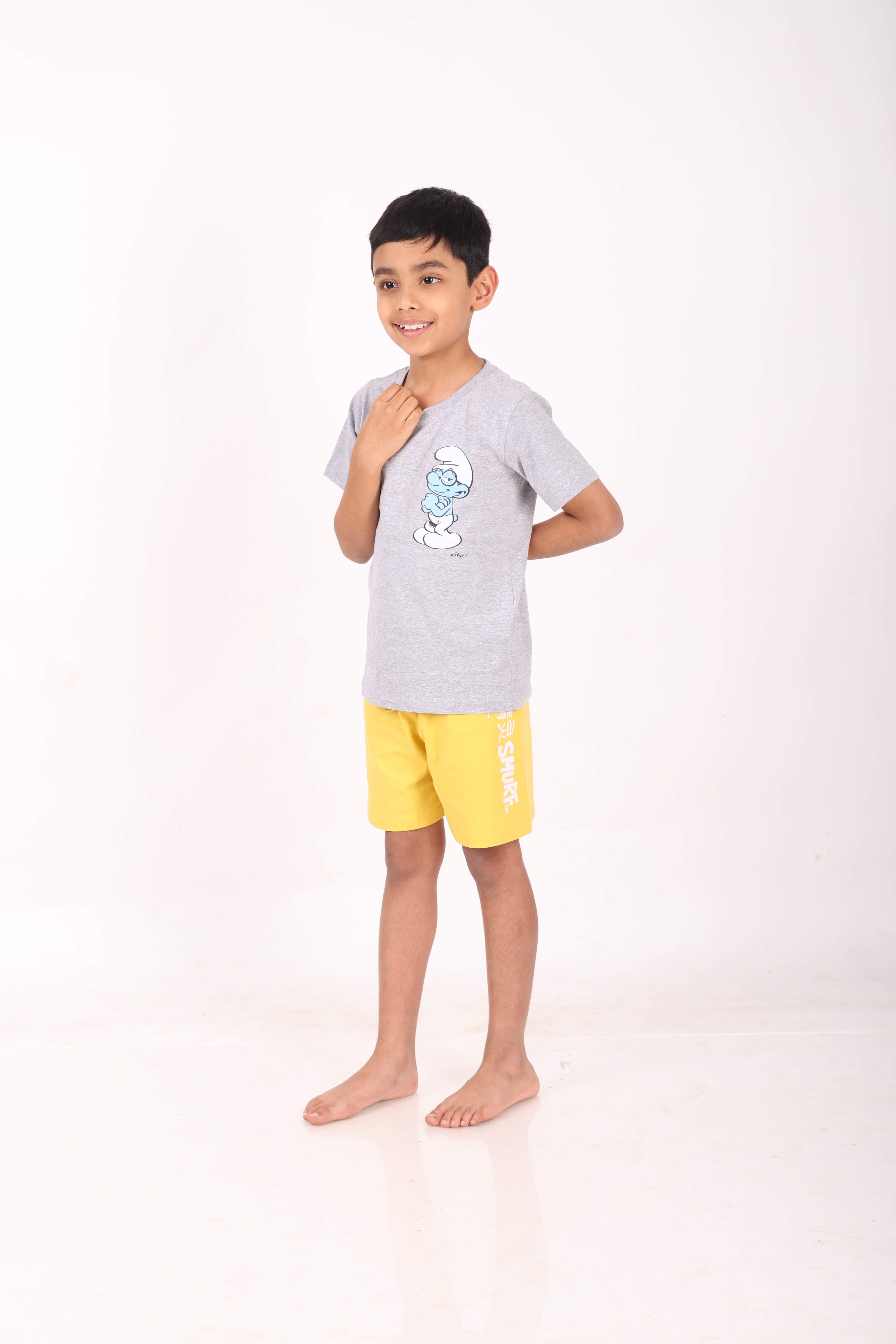 REBORN - Smurfs Collection-Boys 2 piece T-Shirt & Short -set- Grey Melange & Yellow