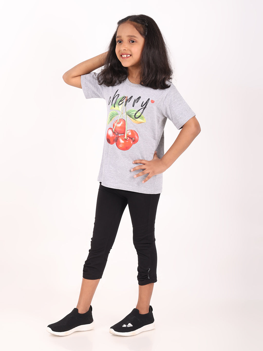 REBORN - Girls 1 piece chest printed T-shirt-Grey Melange